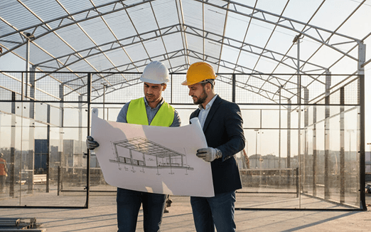 Project support team reviewing construction plans